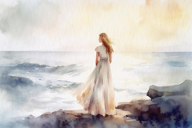 Niña con vestido largo blanco mirando hacia el mar pintura de vista trasera pintada en acuarela