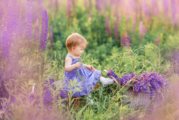 Niña en un vestido lila sentado en la naturaleza. Niño en flores