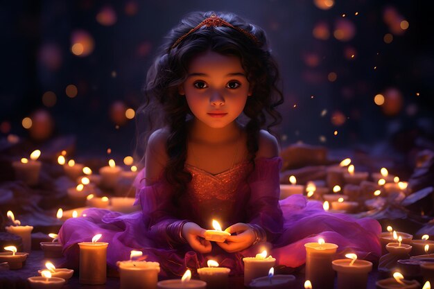 Niña con un vestido morado con velas sobre un fondo oscuro