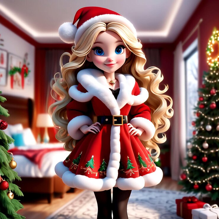 Niña en un vestido de Navidad Niña en el vestido rojo con el árbol de NavidadNiña en el sombrero de Papá Noel con regalo