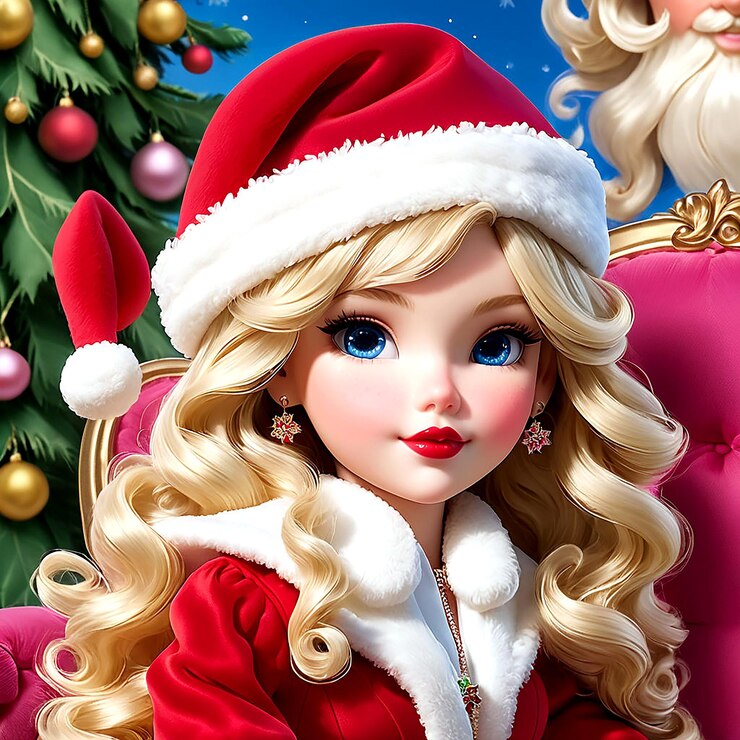 Niña en un vestido de Navidad Niña en el vestido rojo con el árbol de NavidadNiña en el sombrero de Papá Noel con regalo