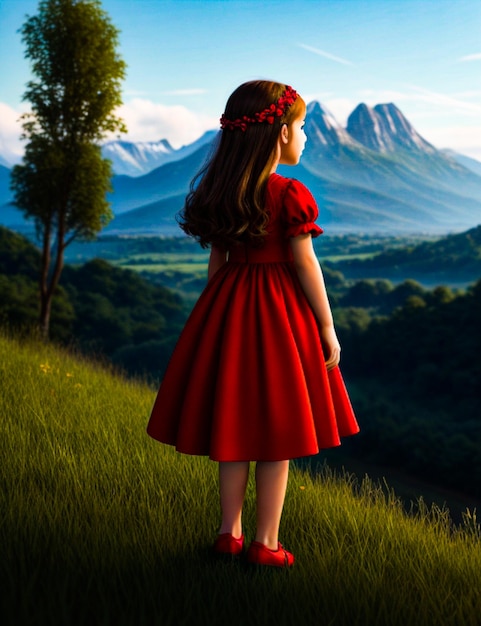 Una niña en un vestido rojo está de pie en un campo con árboles y montañas en el fondo