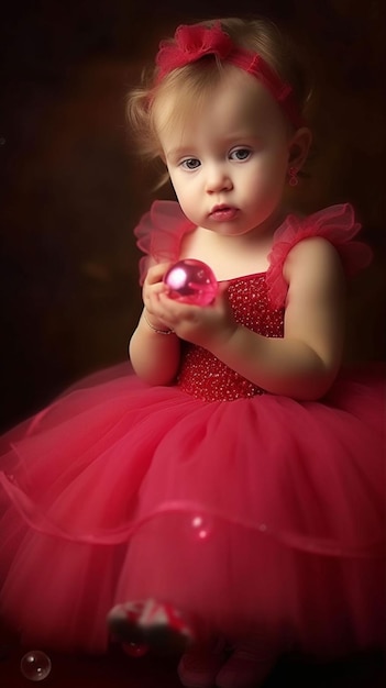 Una niña con un vestido rojo sostiene una bola rosa con la palabra amor.