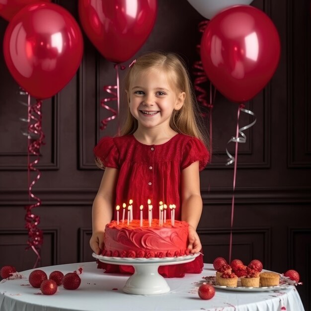 Una niña con un vestido rojo sostiene un pastel con velas.