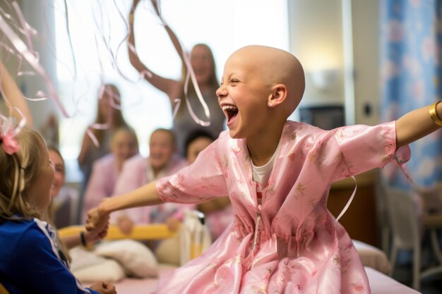 Niña con un vestido rosa jugando con globos en una fiesta en el hospital