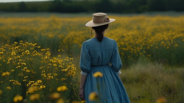 Una niña con un vestido y un sombrero camina por el campo de flores amarillas ai generativo.