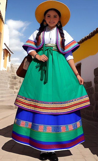 Una niña con un vestido tradicional camina por una calle.