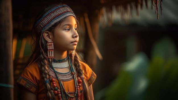 Una niña con un vestido tradicional se para frente a una ventana iluminada.