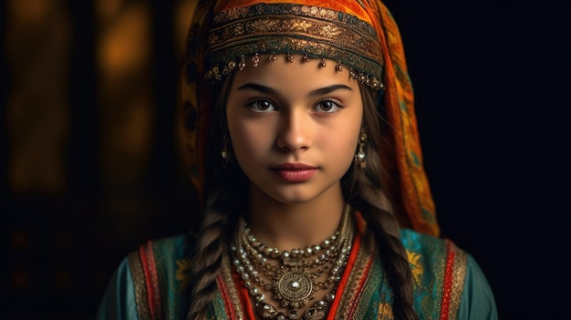 Una niña con un vestido tradicional con joyas de oro y un vestido rojo.