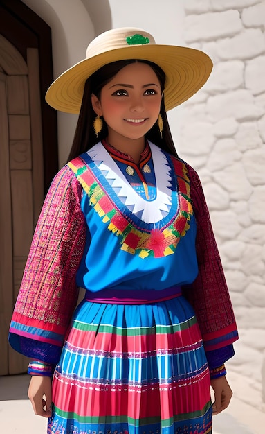 Una niña con un vestido tradicional con un sombrero que dice 'mayan'