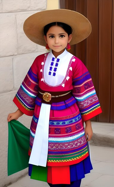 Una niña con un vestido tradicional con un sombrero que dice 'la quebra'