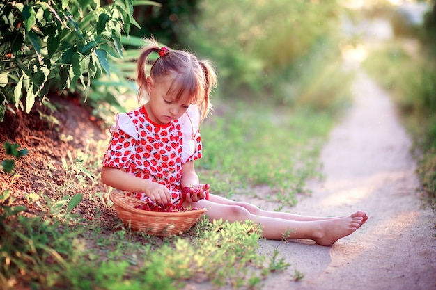 Una niña con un vestido de verano se sienta en un claro y recoge fresas en una canasta