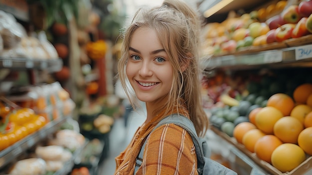 Niña viajera comprando fruta fresca en el mercado de alimentos en la calle