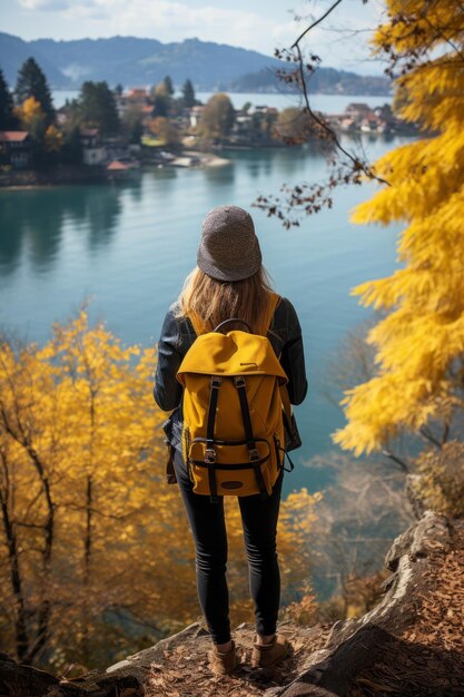 Foto niña viajera con mochila paisaje de otoño ia generativa