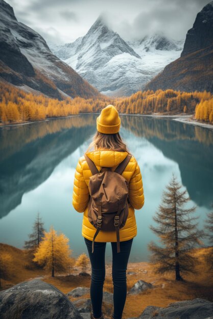 Foto niña viajera con mochila paisaje de otoño ia generativa