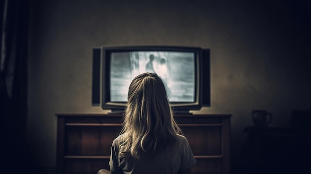 Una niña viendo la televisión en un cuarto oscuro