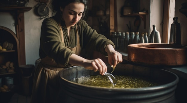 Una niña vierte aceite de oliva creado con la ayuda de la tecnología de IA generativa