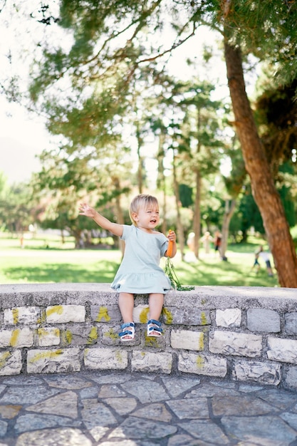 La niña con una zanahoria en la mano se sienta haciendo muecas en una cerca de piedra en un parque