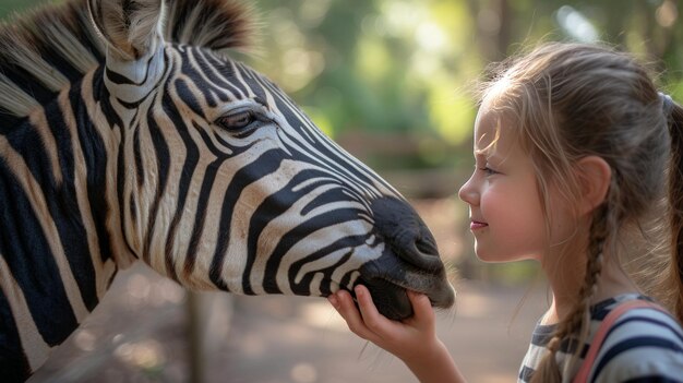 Niña en el zoológico acariciando una cebra