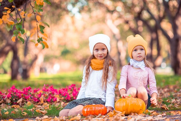 Niñas adorables con calabaza al aire libre en un cálido día de otoño.