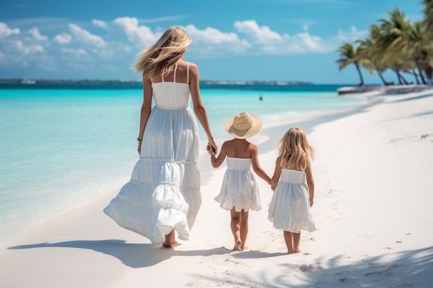 Niñas adorables y madre joven en la playa blanca tropical