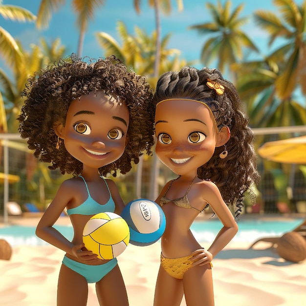 Niñas afroamericanas con una pelota de voleibol en la playa