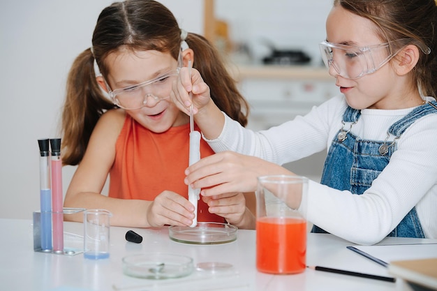 Niñas agrupadas haciendo un proyecto de ciencia, una está agregando líquido de una pipeta en un matraz, provocando una reacción química, liberación de un gas con mucha espuma. Ambos llevan gafas protectoras.