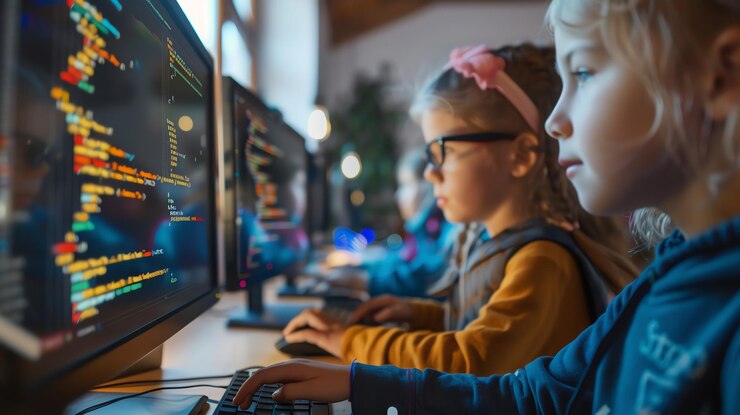 Foto las niñas aprenden a codificar en la escuela