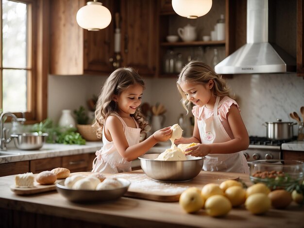 Foto niñas ayudando en la cocina a hacer un delicioso pastel