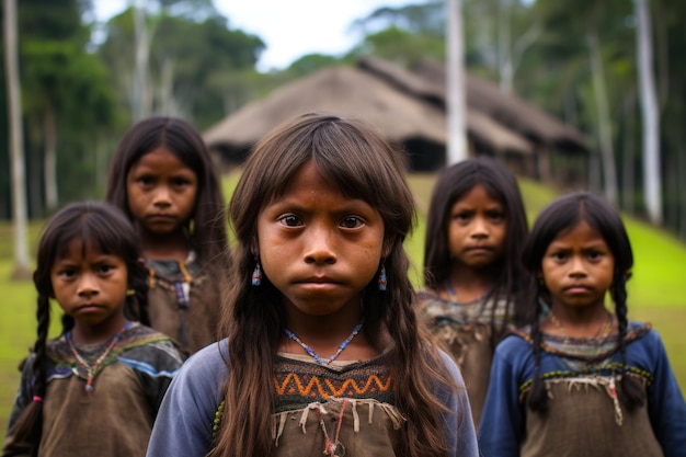 Niñas birmanas no identificadas en el pueblo de Mandalay Niños indígenas en la selva amazónica