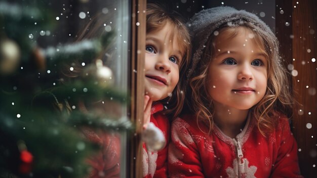 Foto niñas esperando a papá noel desde la ventana