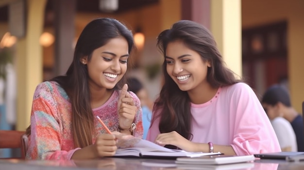 Niñas estudiando juntas en una mesa una de ellas lee una historia sobre su amiga