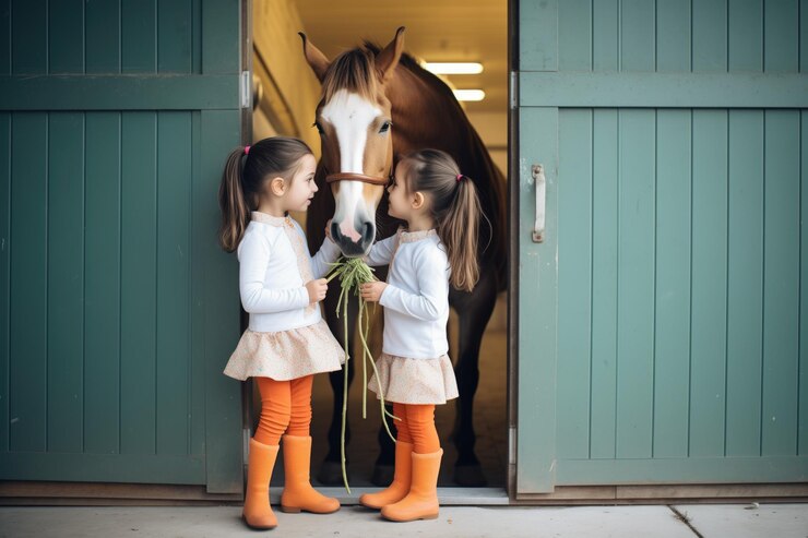 Niñas gemelas dando zanahorias a un caballo sobre una puerta de establo