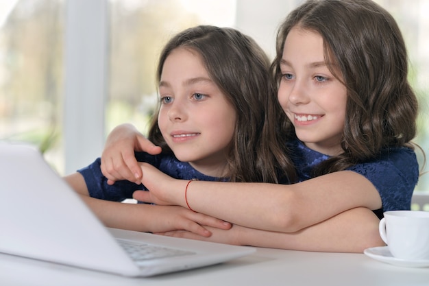 Niñas gemelas usando laptop en casa