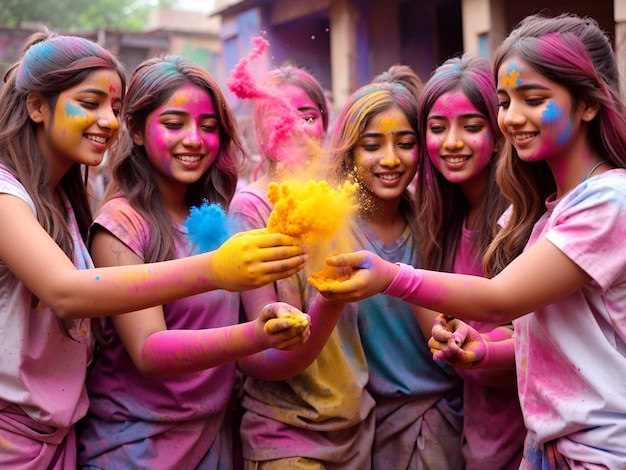 Niñas hermosas jugando con colorido polvo de Holi para celebrar el festival de Holi