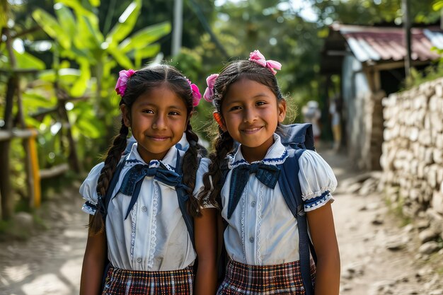 Niñas hispanas listas para ir a la escuela en las zonas rurales