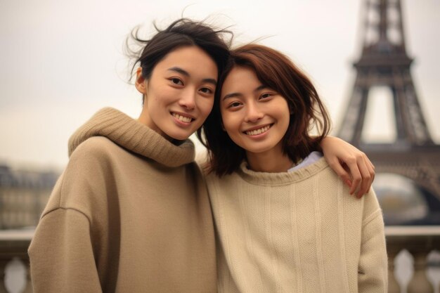 Niñas japonesas cerca de la Torre Eiffel