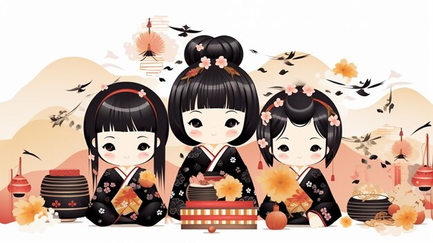 Niñas japonesas en kimono tradicional en el fondo del paisaje de otoño