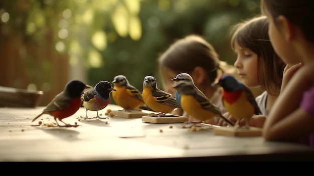 Niñas jugando con un grupo de pájaros en una mesa de madera