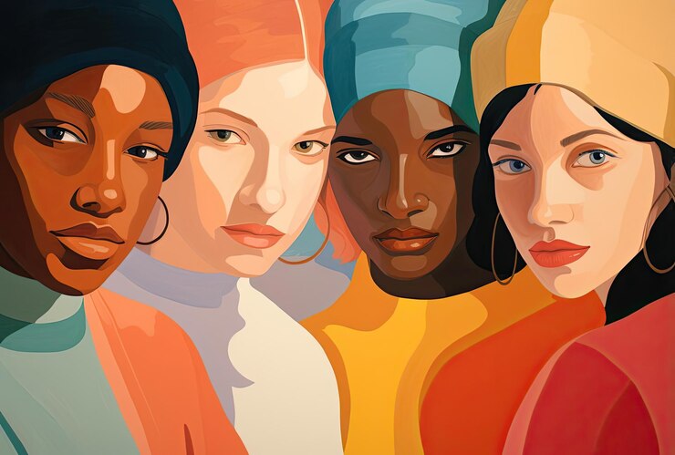 Foto niñas en una línea abstracta como una persona en el medio en el estilo de multicultural