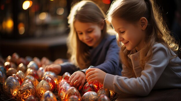 niñas mirando una gran bola de vidrio con un árbol de Navidad en el fondo