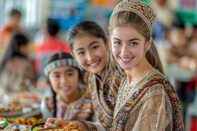 Niñas multiétnicas sonrientes vestidas con trajes tradicionales disfrutando de un festival cultural