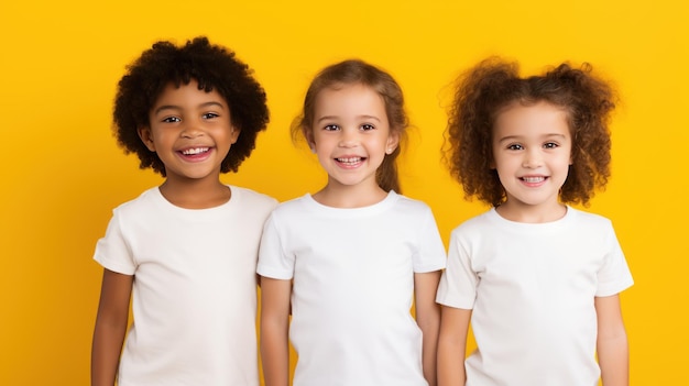 Las niñas se paran juntas con camisetas blancas, los niños pequeños con ropa de pared amarilla.