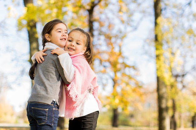 Niñas en el parque de otoño