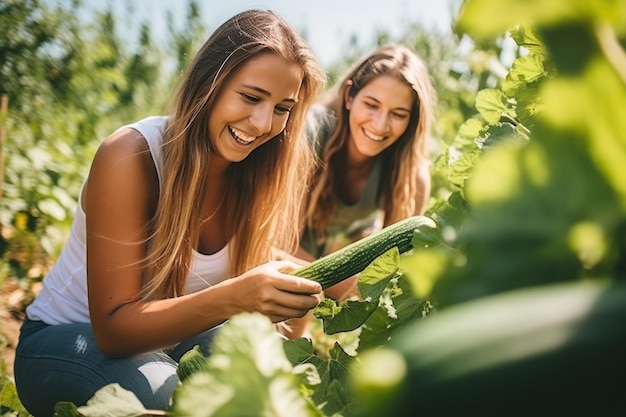 Niñas con pepinos en un día soleado