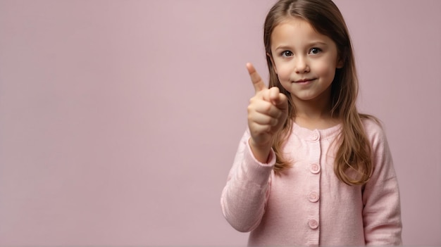 niñas pequeñas señalando con el dedo para copiar el espacio en el fondo rosa generativo ai