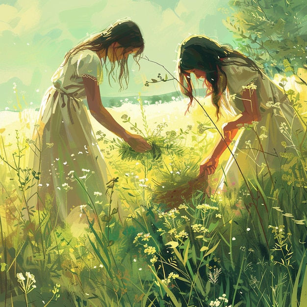 Las niñas recogen hierbas medicinales en el campo en largos vestidos de sol al amanecer.