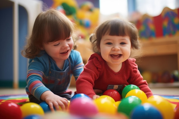 Niñas con síndrome de Down jugando juntas en una colorida sala de juegos Alegría y camaradería Amigos juntos Autismo infantil Educación de niños con discapacidades Niños con síndrome de Down