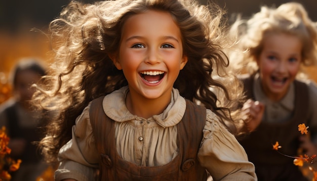 Foto niñas sonrientes disfrutando de la naturaleza despreocupadas y alegres generadas por la inteligencia artificial