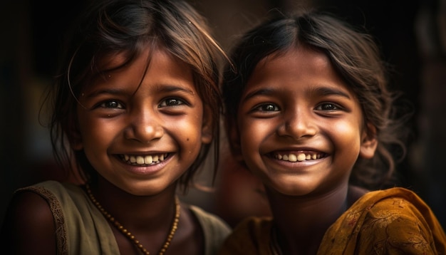 Niñas sonrientes de etnia india comparten la unión al aire libre generada por IA
